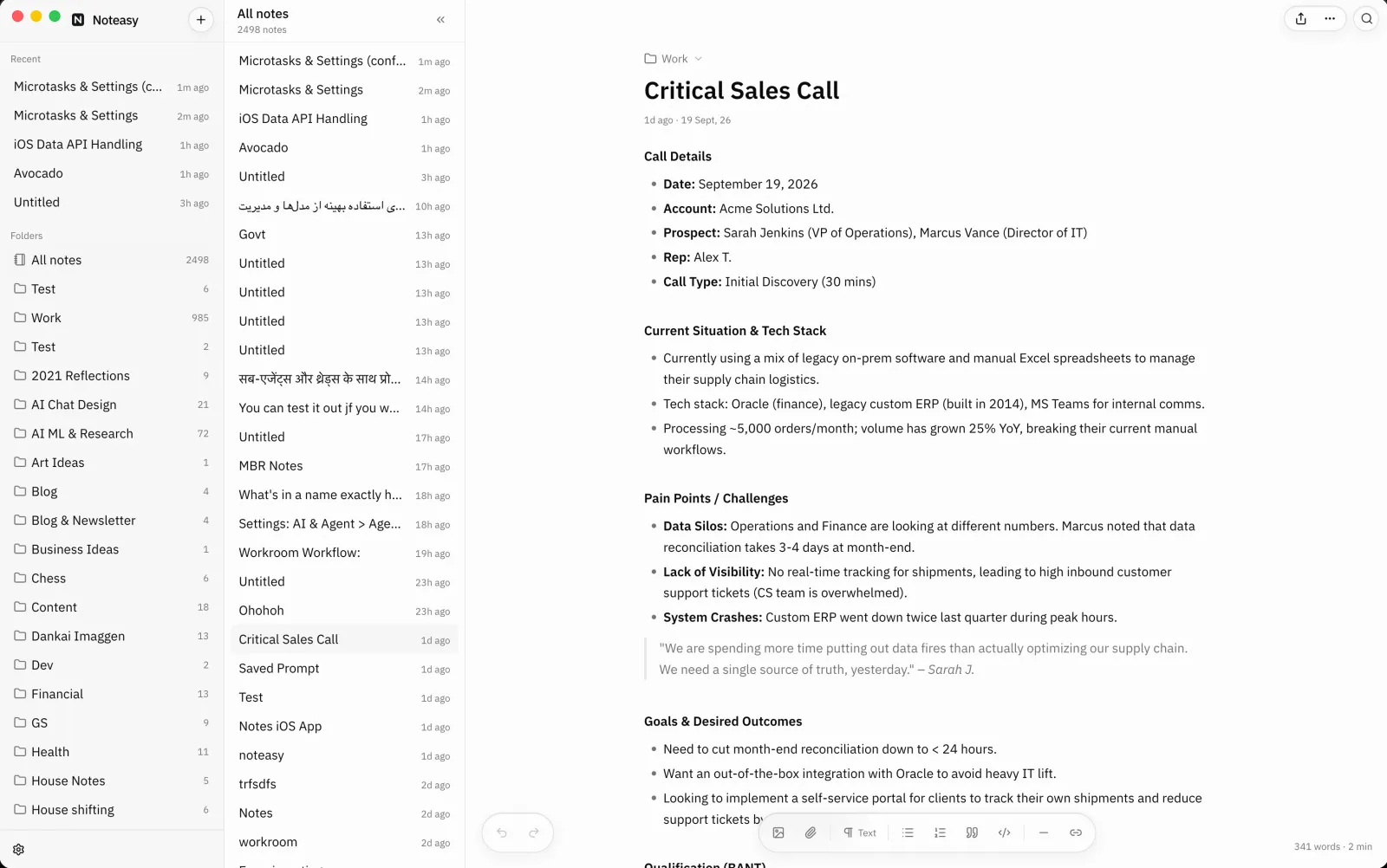 noteasy on a Mac in light mode with the sidebar, folders, and a note open